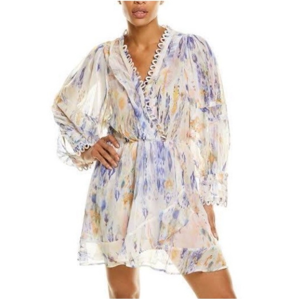 AVANTLOOK Womens Abstract Watercolor Wrap Dress Pastel Blue Cream Boho Ruffle XS